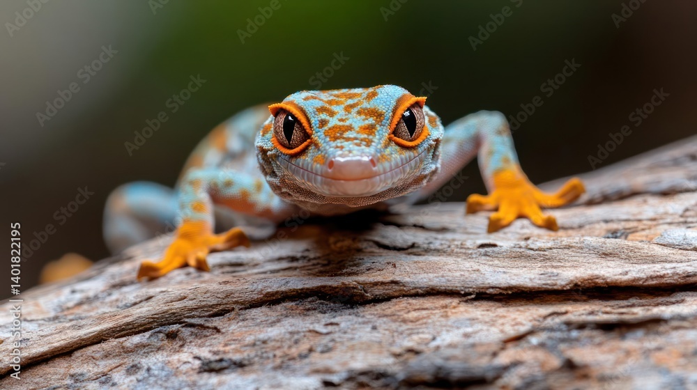 Poster close up shot of a gecko on tree trunk featuring a light gray color with spots, feet, and striking e
