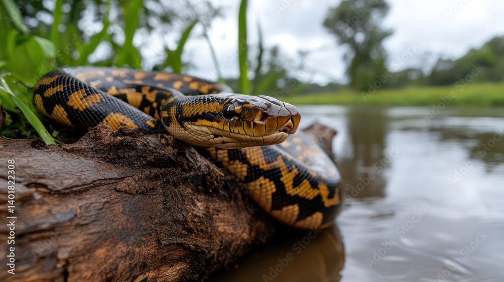 Aufkleber a detailed close-up captures a yellow and black patterned snake resting on a log near a riverbank, w