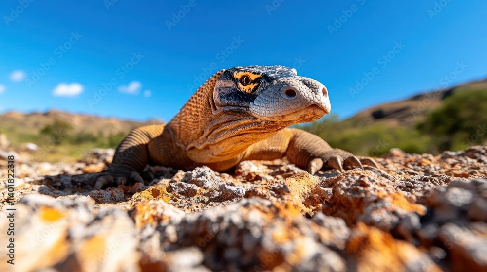 Poster low angle shot of a komodo dragon, its patterned head and strong claws highlighted against a rocky g