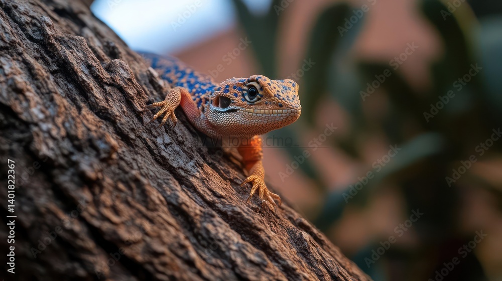 Poster captured in macro shot, a colorful lizard perches on a tree branch, its patterned skin showcasing hu