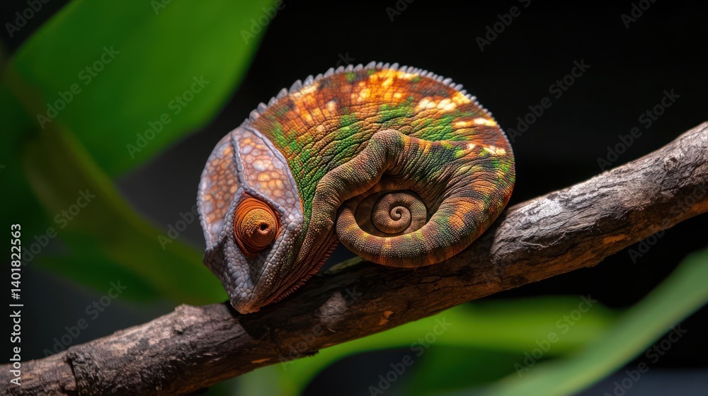 Poster macro photograph captures a vibrant chameleon perched on a branch. the chameleon has a textured skin