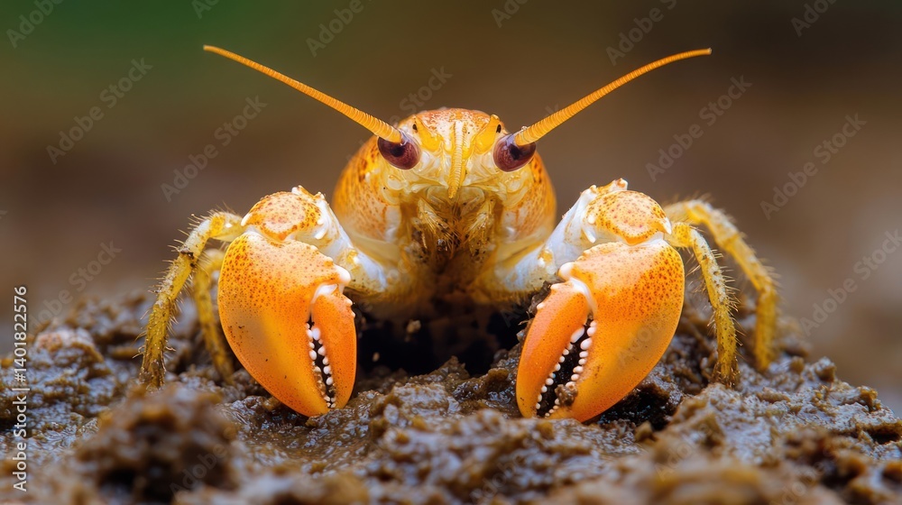 Aufkleber a close up shot of a vibrant orange crayfish, featuring its detailed claws and antennae against a bl