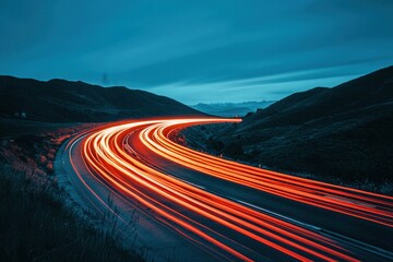 Scenic Curved Highway With Light Streaks in a Remote Snowy Region