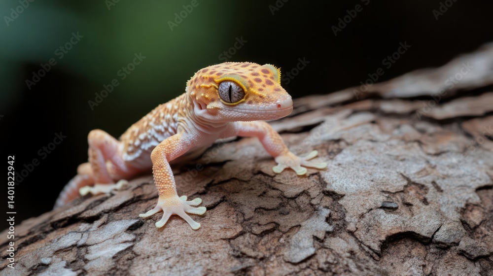 Aufkleber Captivating close-up of a golden gecko perched on a textured tree branch. The reptile's delicate features and mottled pattern are highlighted against the blurred backdrop of green foliage