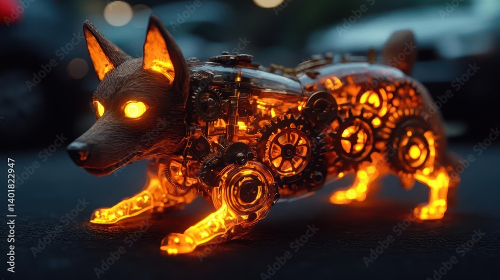 Poster a robotic wolf stands on a textured black surface, glowing with orange light emanating from its mech
