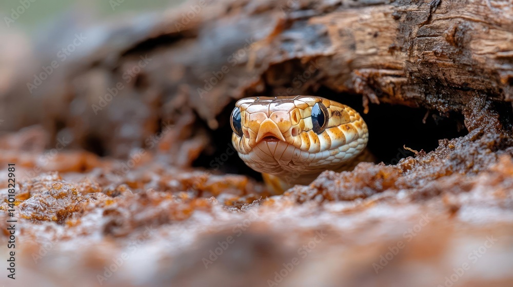 Poster Close-up of a snake emerging from a hole in a log, showcasing its patterned scales and alert expression. The setting features earthy tones and shallow depth of field, drawing focus to the reptile's