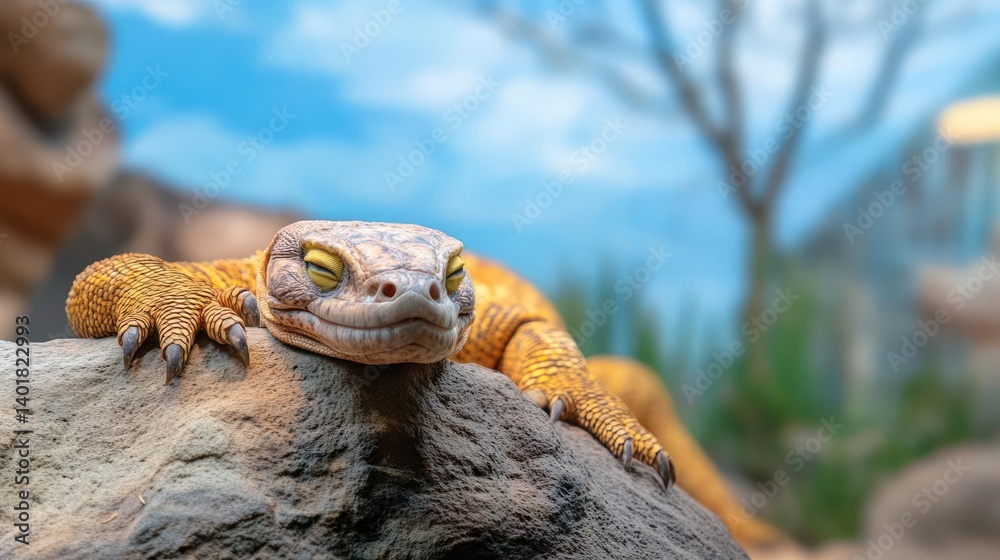 Poster Close-up of a lizard with a yellow patterned body resting on a rock. The scene is set against a blurred background featuring a blue sky and greenery, creating a serene and naturalistic composition