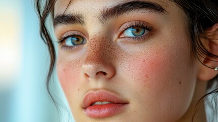 Fototapeta premium Studio beauty shot of woman with clear skin and neutral background