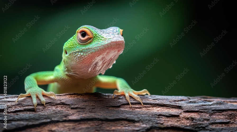 Aufkleber a vibrant green lizard with red eyes perches on a textured tree branch against a blurred green backd