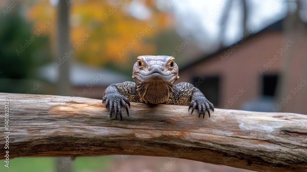 Poster a detailed eye-level shot of a monitor lizard perched on a weathered tree branch with a blurred back