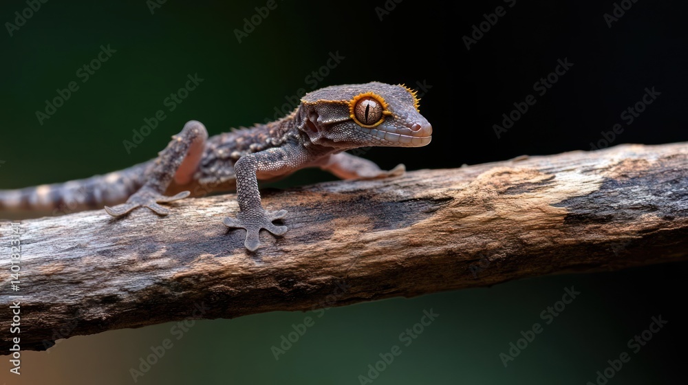 Poster close up shot of a small brown gecko with textured skin and orange eyes resting on a weathered branc