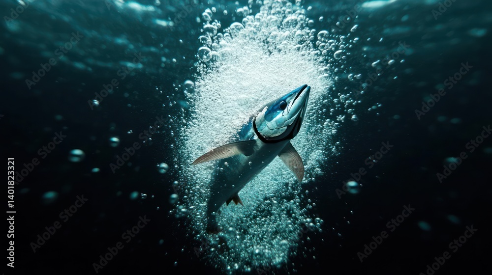 Aufkleber underwater shot of a sharp-toothed shark ascending through bubbles in a dark, blue ocean. the shark 