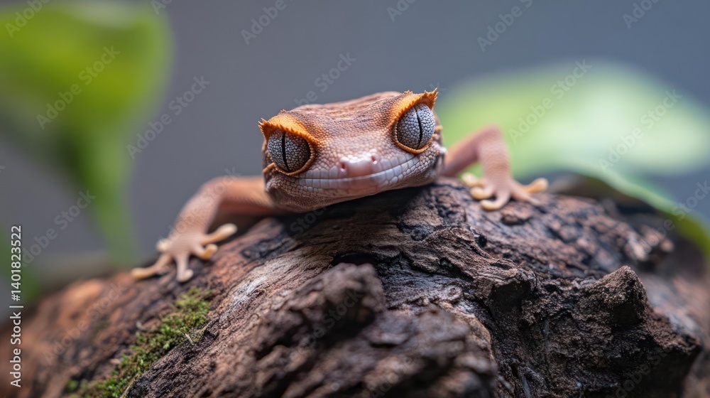 Poster close-up shot of a crested gecko with its distinctive eyelashes perched on a mossy log. the gecko ha