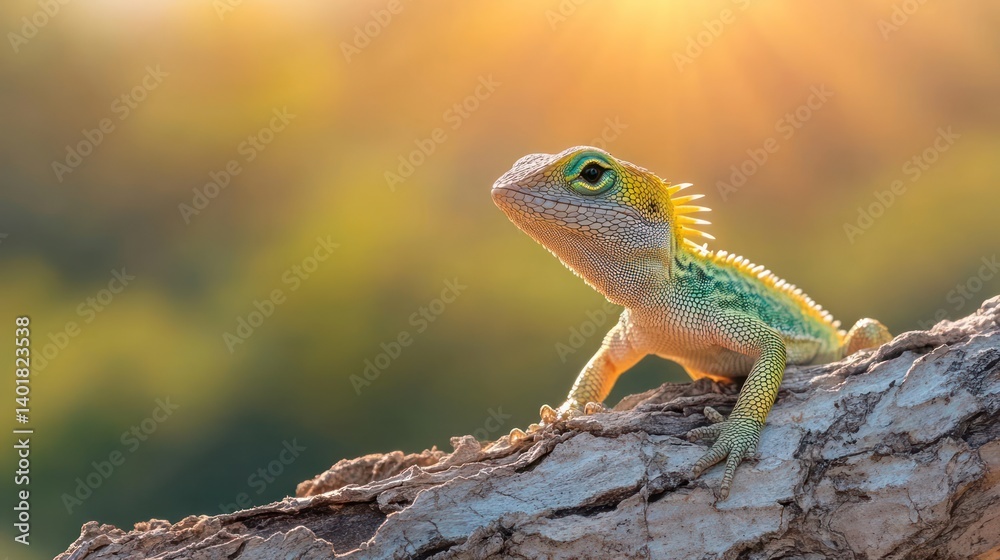Poster Detailed close-up captures a lizard perched on a textured branch against a blurred backdrop of foliage and a sunburst. The lizard displays intricate scale patterns with hues of green, yellow, and