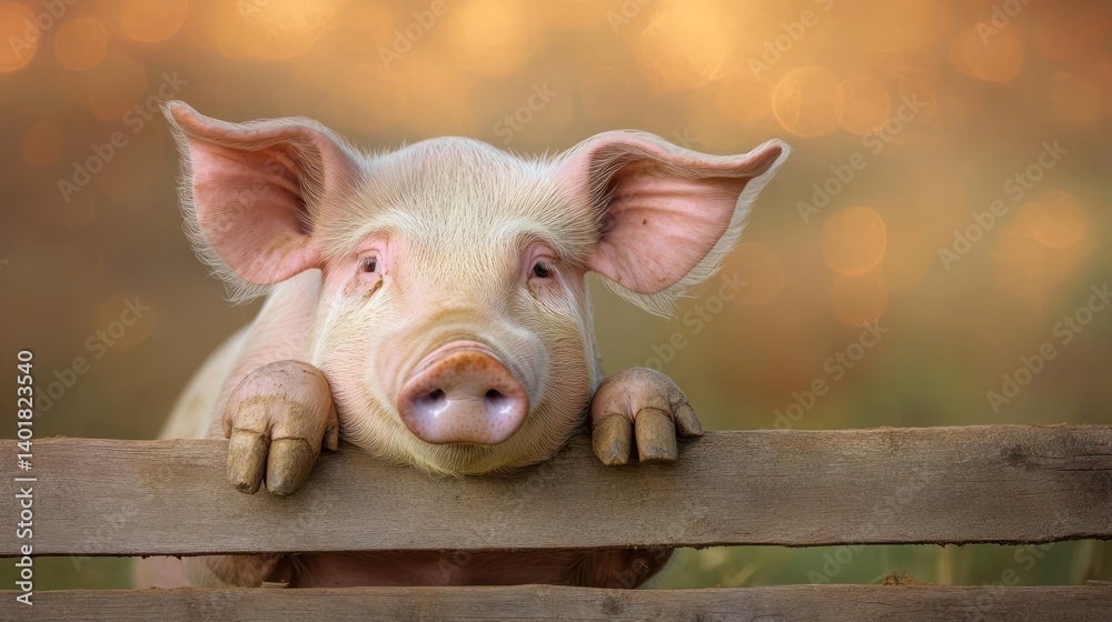 Poster close-up of a pink pig with muddy paws resting on a wooden fence. soft golden bokeh background adds 