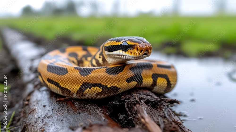Fototapete A ball python rests on a log in a marshy environment. The snake displays a mix of brown and yellow markings, with a shallow depth of field emphasizing the foreground and blurring the green