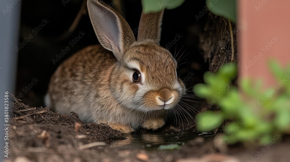 Poster a close-up shot features a brown rabbit with long ears, resting near a small puddle. earth and folia