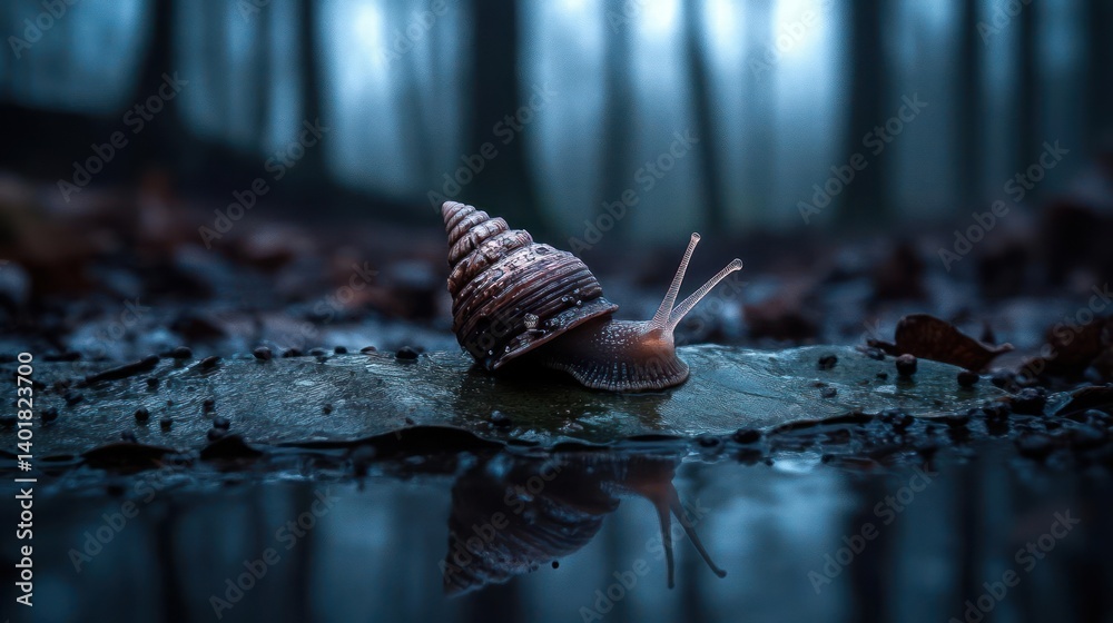 Poster Close up of a snail shell with detailed textures resting on dark wet concrete surface reflecting dark forest trees, snail crawling with blurred leaves, low angle soft lighting creates depth and