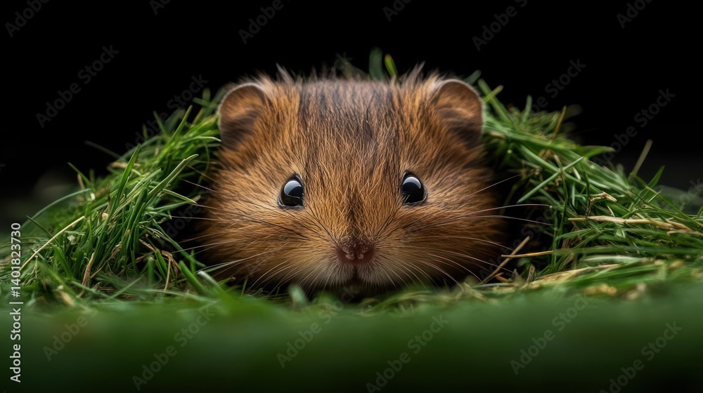 Poster close-up of a small, brown guinea pig nestled in lush green grass against a dark background. the gui