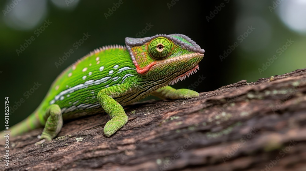 Poster close-up shot of a colorful chameleon, primarily green with white spots and red accents, perched on 