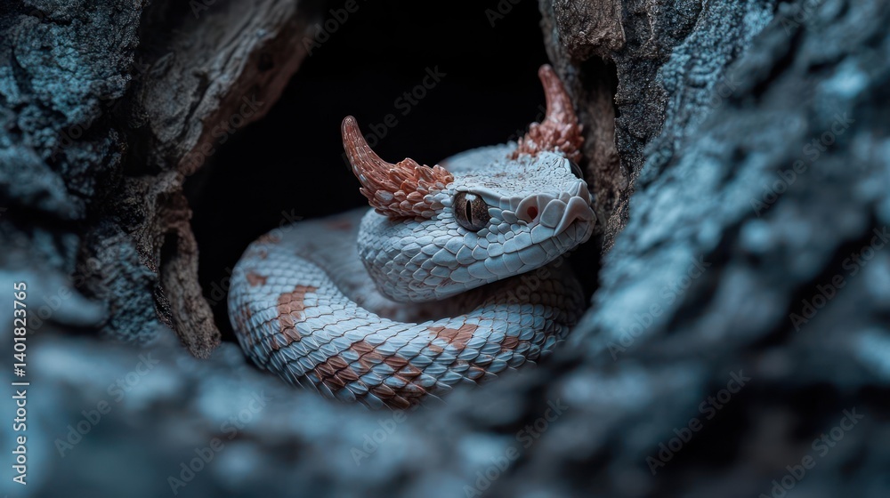 Poster close up shot of a white horned viper curled up in a tree hole. the snake has unique horns above its