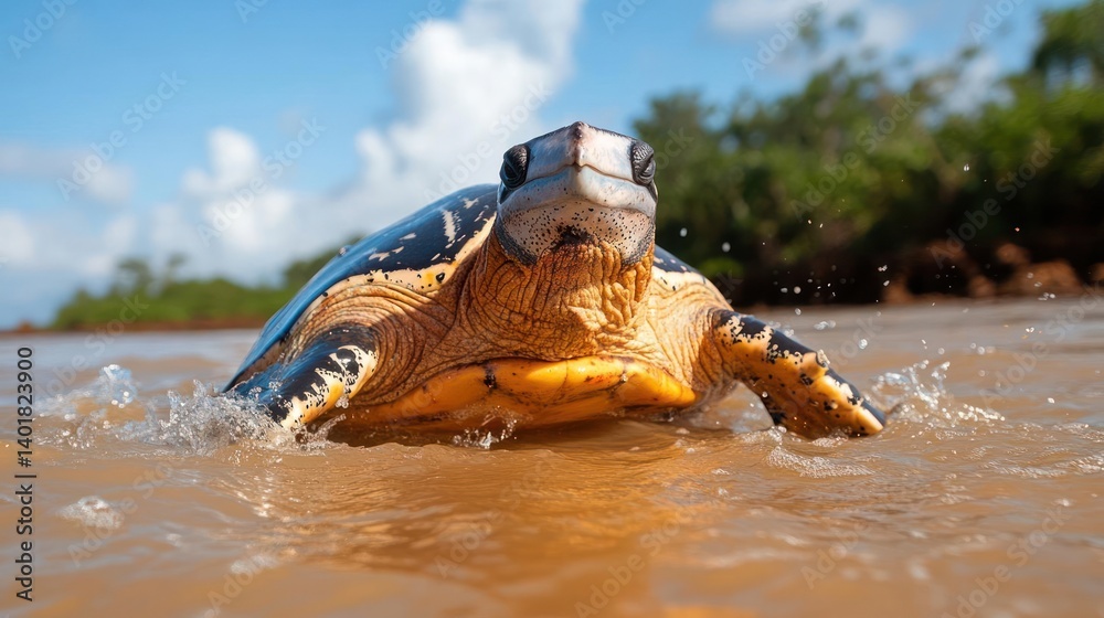 Poster close-up of a sea turtle swimming in brown water, with visible splashing. the turtle has a black she