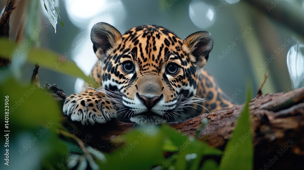 Poster close up shot of a jaguar cub lying on a tree branch in a lush green jungle. the cub's spotted fur a