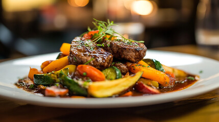 Delicious grilled steak with roasted vegetables gourmet food photography restaurant menu item close up shot
