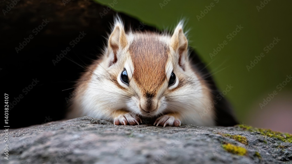 Aufkleber a detailed close up of a small chipmunk sitting on a lichen covered rock, gazing directly at the cam