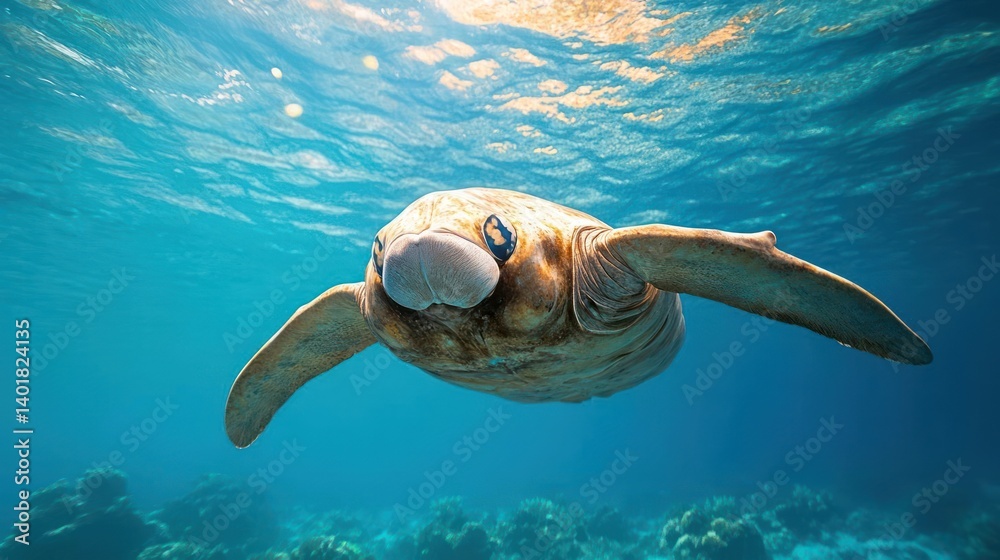 Aufkleber Underwater shot showcases a sea turtle gracefully swimming in the ocean, sunlight filtering through the clear water creating a vibrant scene. The turtle's shell pattern is visible with coral reefs in