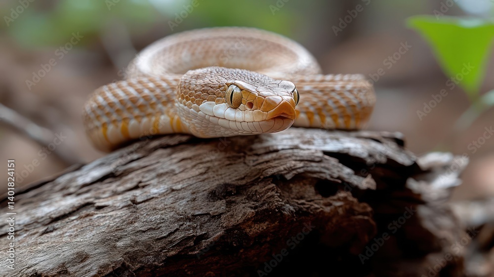 Poster Close-up of a light brown snake coiled on a weathered tree branch. The snake's head is in focus, displaying its patterned scales and open mouth against a blurred leafy background