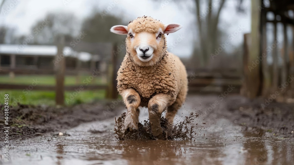 Poster Front shot of sheep running in muddy puddle. The sheep has white wool with a brown tint and is covered in mud. The background shows a blurry paddock with trees and a wooden fence