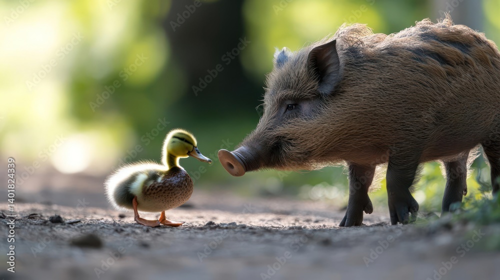 Poster close-up shot features a wild boar and a duckling facing each other in a blurry outdoor setting. the