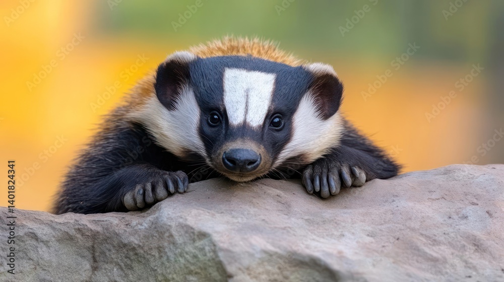 Poster close up of a eurasian badger lying on a rock. the badger has black and white markings on its face a
