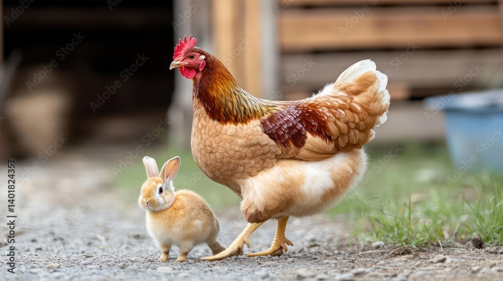 Poster a vibrant photograph captures a reddish brown hen standing beside a small, ginger colored rabbit on 