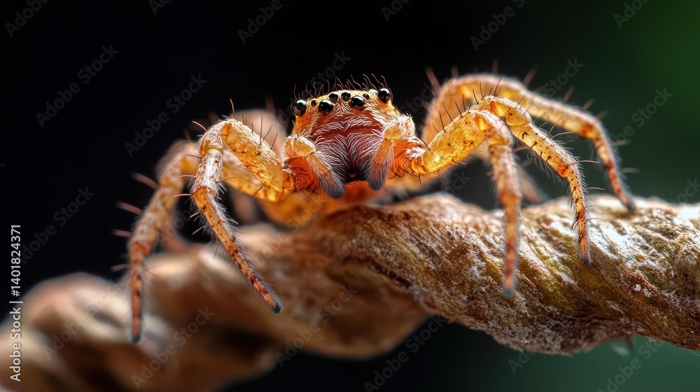 Aufkleber Macro close-up of a vibrant orange jumping spider perched on a textured brown twig, set against a blurred background with hints of dark and green tones. The spider's intricate details are highlighted