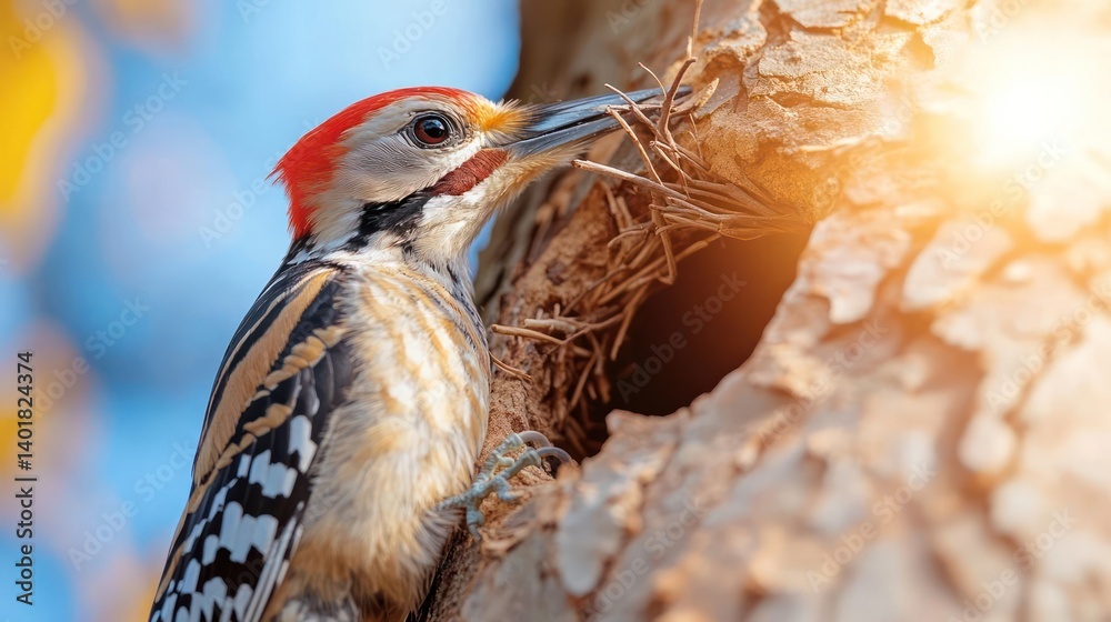 Poster side shot of a red-crowned woodpecker collecting nesting material at the hollow of the trunk of a tr