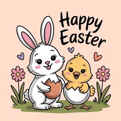 Easter Illustration &ndash; Cute Bunny and Chick, Black and White Line Drawing with "Happy Easter" Text. Easter bunny with Easter eggs