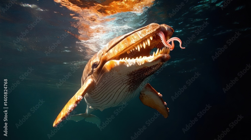 Poster underwater view of a leopard shark with its mouth open, catching prey with its teeth visible, set ag