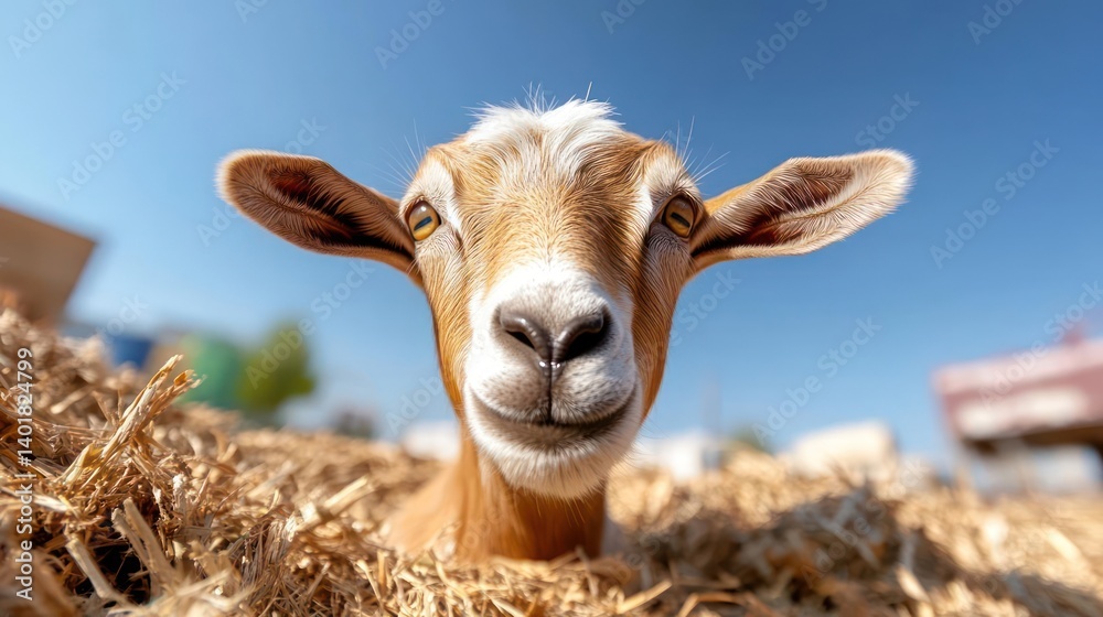 Poster close up shot of a goat in a haystack under a clear blue sky. the goat, primarily tan, is captured a