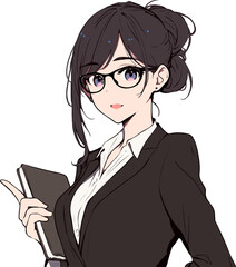 アニメタッチの本を持っている眼鏡をかけたスーツ姿の女性イラスト