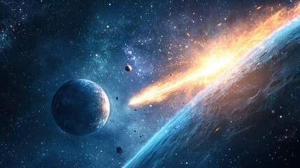 Obraz premium Stunning Cosmic Scene with Fiery Meteorite Heading Towards a Planet Surrounded by Stars and Celestial Bodies in the Vast Universe