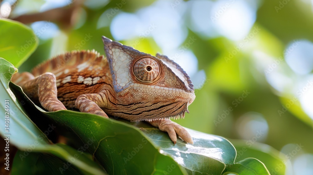 Aufkleber Close-up shot of a chameleon resting on a leaf with green leafy background. The chameleon features brown and tan patterns with a textured crest. The natural light creates a soft bokeh effect