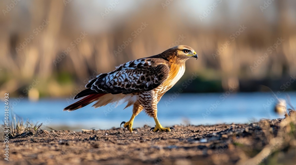 Aufkleber captured in clear daylight, the bird stands on a patch of earth next to a blue body of water. the bi