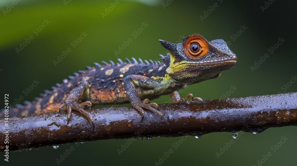Poster close-up of a brown and orange lizard with horns perched on a wet branch, showcasing its unique text
