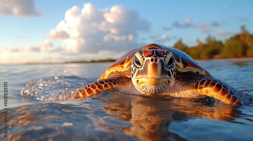 Aufkleber Close-up shot of a sea turtle in the ocean, with vibrant colors highlighting its shell, skin, and the surrounding water. The background showcases a soft, blue sky with fluffy white clouds, creating a