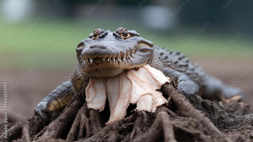 Poster low angle close up view of an alligator with a bird wing in its mouth, resting on mud and exposed ro