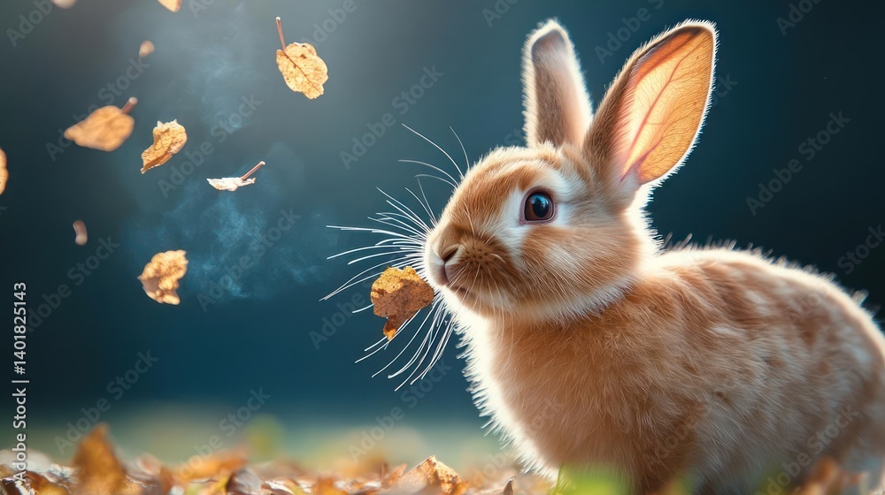Poster a close-up shot of a rabbit with fallen leaves and soft lighting. the rabbit's fur is a mix of brown