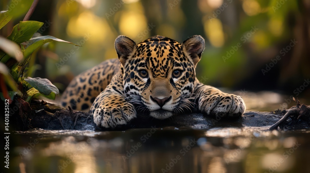 Poster Close-up view of a young jaguar cub resting on a log in shallow water, with vibrant foliage in the background, creating a serene and wild atmosphere. The cub's intense gaze and relaxed posture evoke