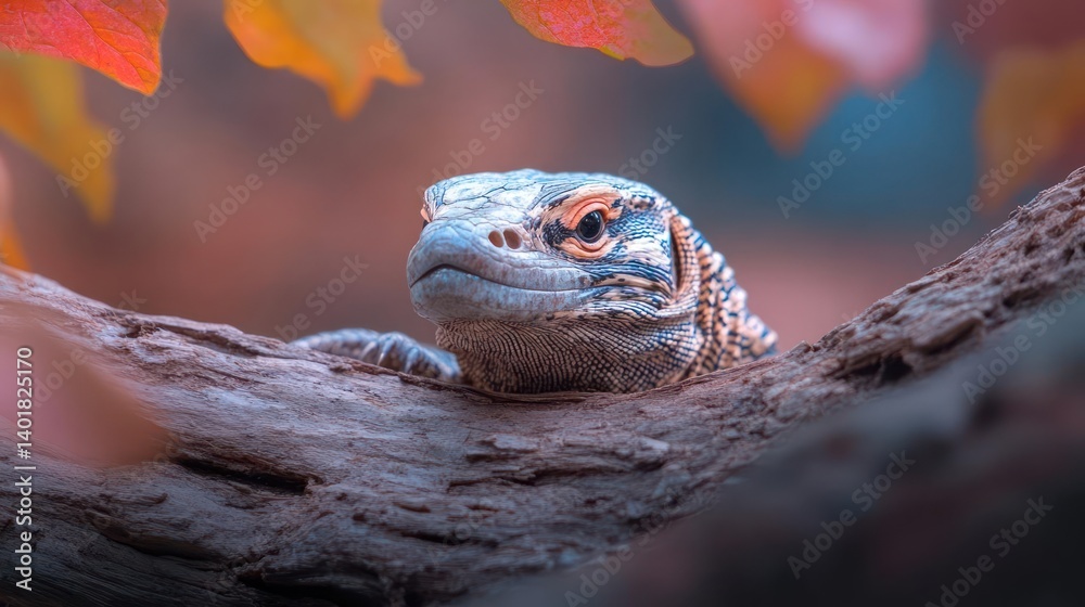 Poster portrait of a blue tree monitor lizard perched on a branch, surrounded by blurred orange leaves. the
